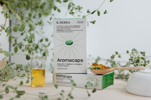 Opakowanie K.Hebda Aromacaps® kapsułki z olejkiem z oregano i cytrynowym i witaminami D i E 